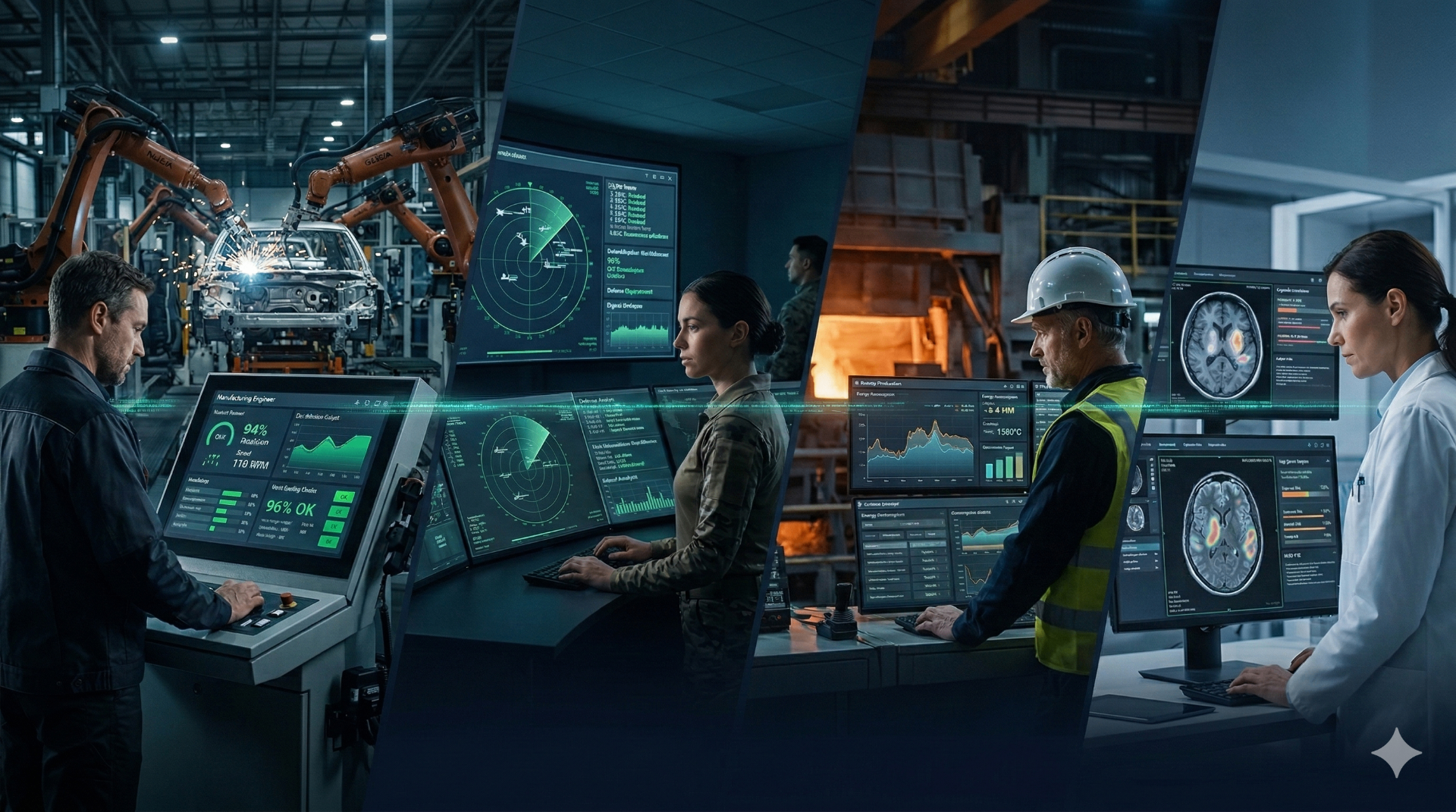 Mission-critical AI across industries — manufacturing, defence, energy, and healthcare professionals using AI-powered dashboards